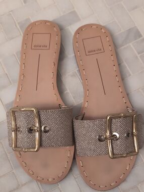 Dolce Vita Gold Buckle Glitter Slide Sandals with Tan Footbed